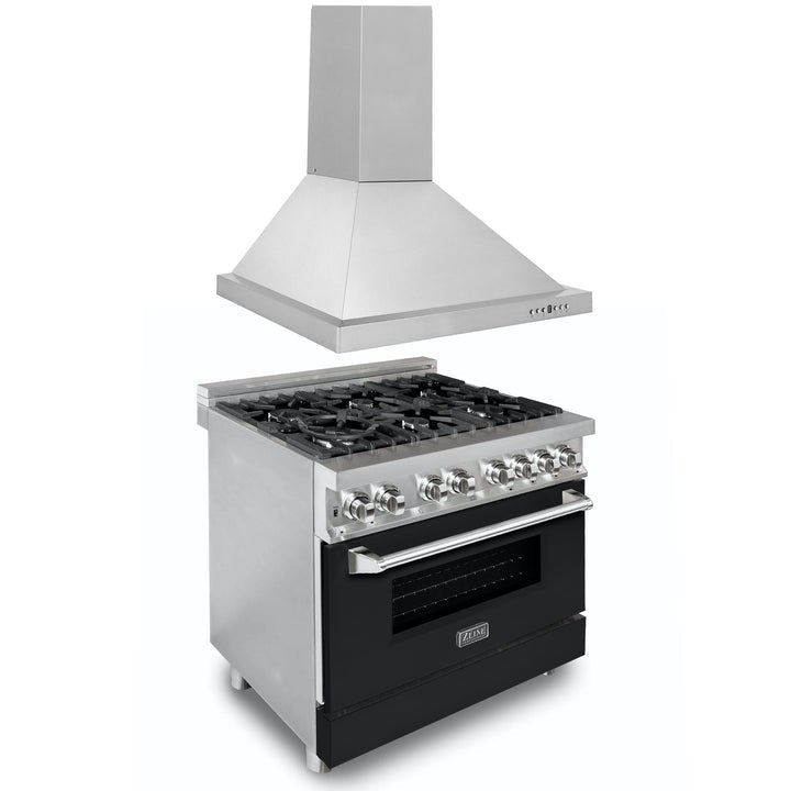Products ZLINE Appliance Package - 36" Stainless Steel Dual Fuel Range with Black Matte Door and Convertible Vent Range Hood