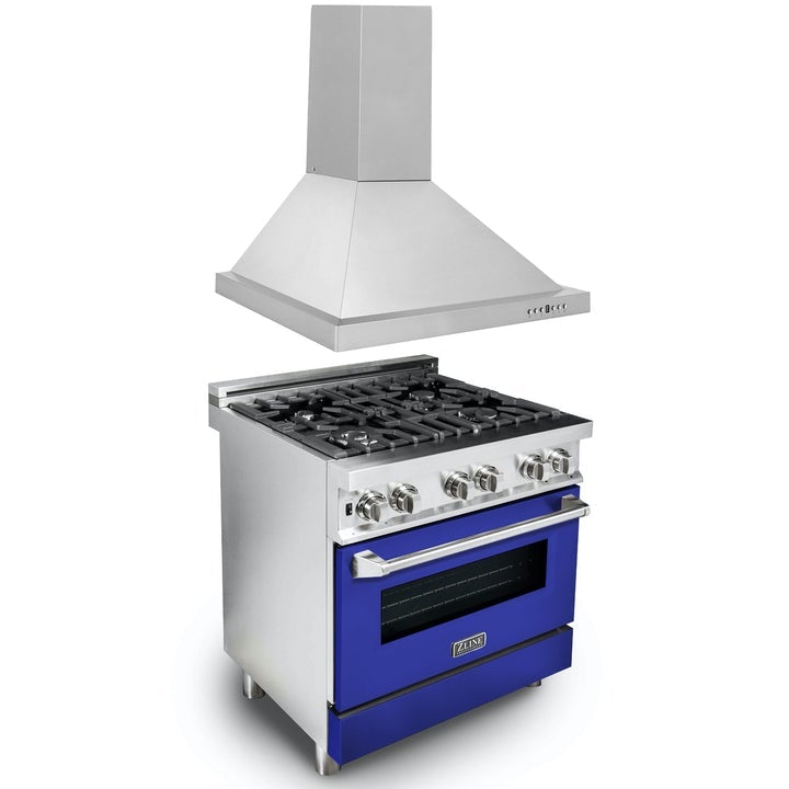 Products ZLINE 30" Kitchen Package with Stainless Steel Dual Fuel Range with Blue Matte Door and Convertible Vent Range Hood