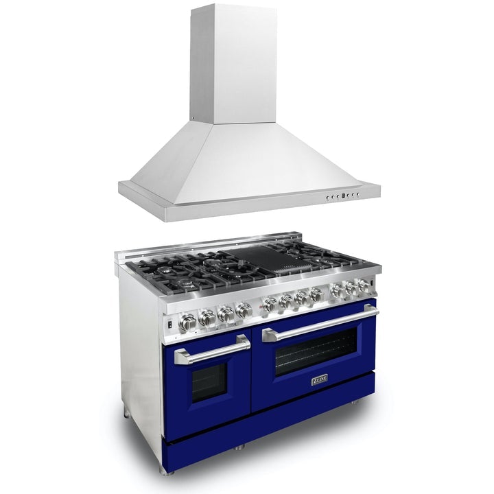 Products ZLINE Appliance Package - 48" Kitchen Package with Stainless Steel Dual Fuel Range with Blue Matte Door and Convertible Vent Range Hood 