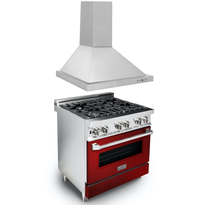 ZLINE Appliance Package - 30" Kitchen Package with Stainless Steel Dual Fuel Range with Red Gloss Door and Convertible Vent Range Hood