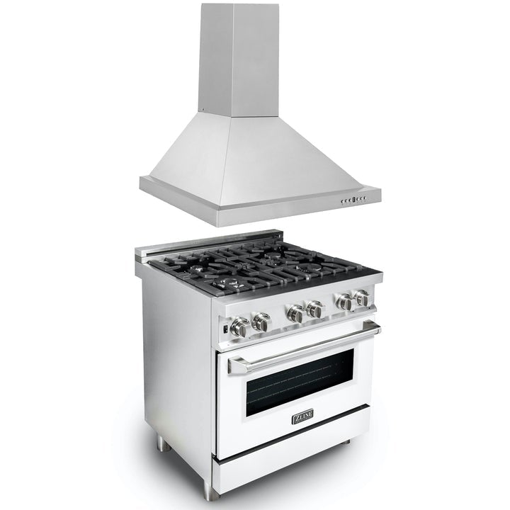 Products ZLINE Appliance Package - 30" Kitchen Package with Stainless Steel Dual Fuel Range with White Matte Door and Convertible Vent Range Hood