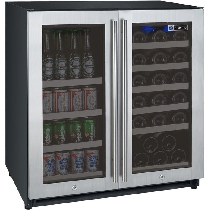 Allavino 30" Wide FlexCount II Tru-Vino 30 Bottle/88 Can Dual Zone Stainless Steel Built-In Wine Refrigerator/Beverage Center AO VSWB30-2SF20