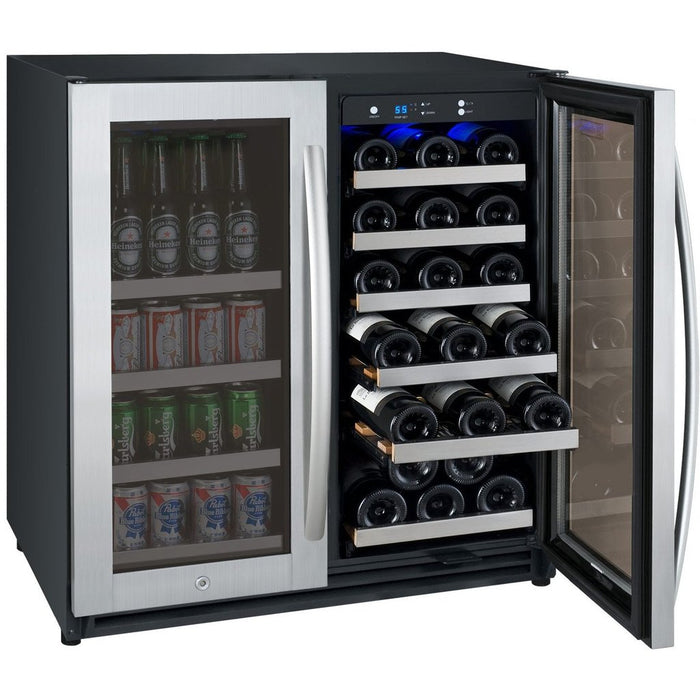 Allavino 30" Wide FlexCount II Tru-Vino 30 Bottle/88 Can Dual Zone Stainless Steel Built-In Wine Refrigerator/Beverage Center AO VSWB30-2SF20