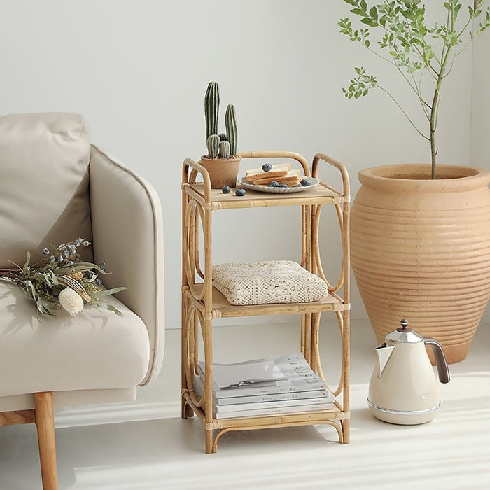 Farmhouse Wood Side Table with 3-Tier Rattan Woven End Table