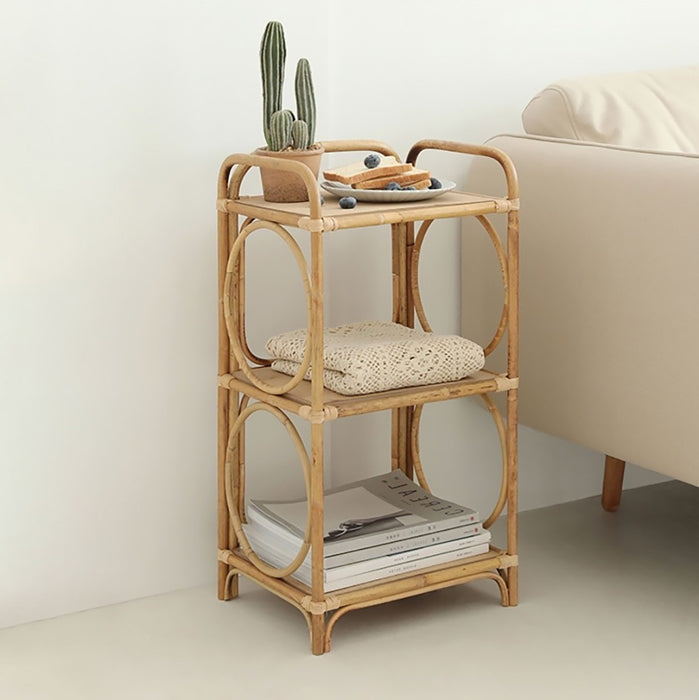 Farmhouse Wood Side Table with 3-Tier Rattan Woven End Table