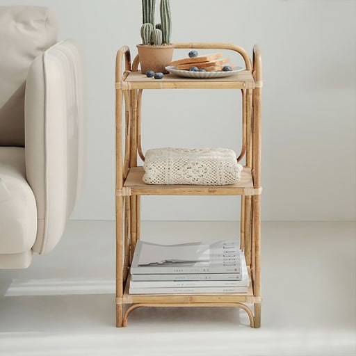 Farmhouse Wood Side Table with 3-Tier Rattan Woven End Table