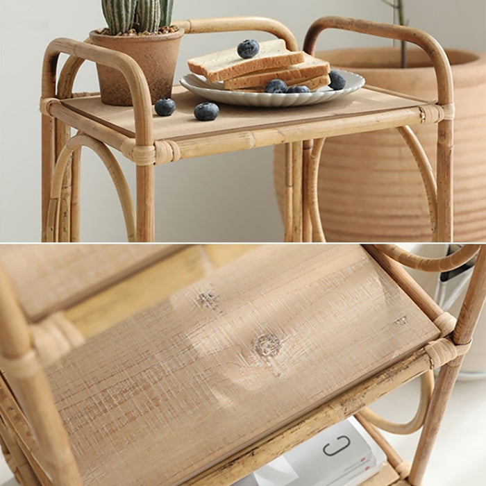 Farmhouse Wood Side Table with 3-Tier Rattan Woven End Table