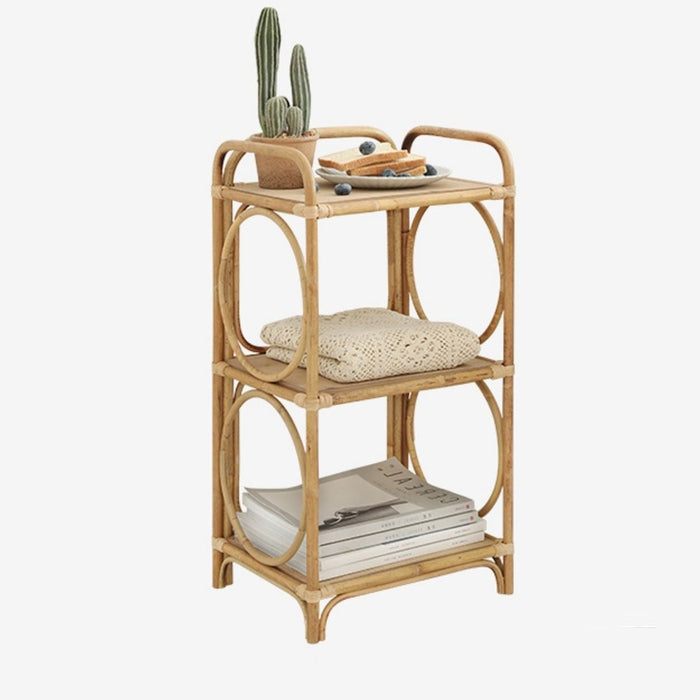 Farmhouse Wood Side Table with 3-Tier Rattan Woven End Table