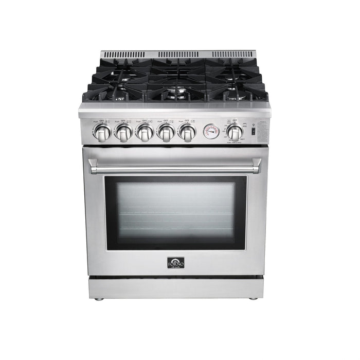 Forno 3-Piece Appliance Package - 30-Inch Gas Range, Pro-Style Refrigerator, and Wall Mount Hood in Stainless Steel