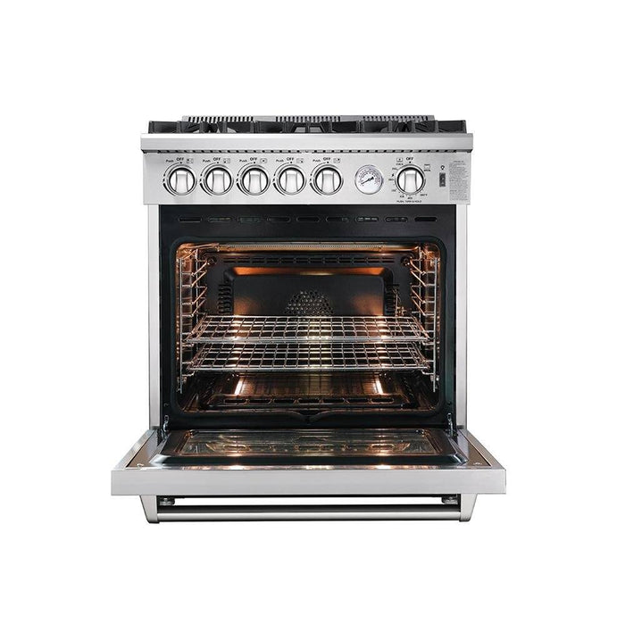 Forno 3-Piece Appliance Package - 30-Inch Gas Range, Pro-Style Refrigerator, and Wall Mount Hood in Stainless Steel
