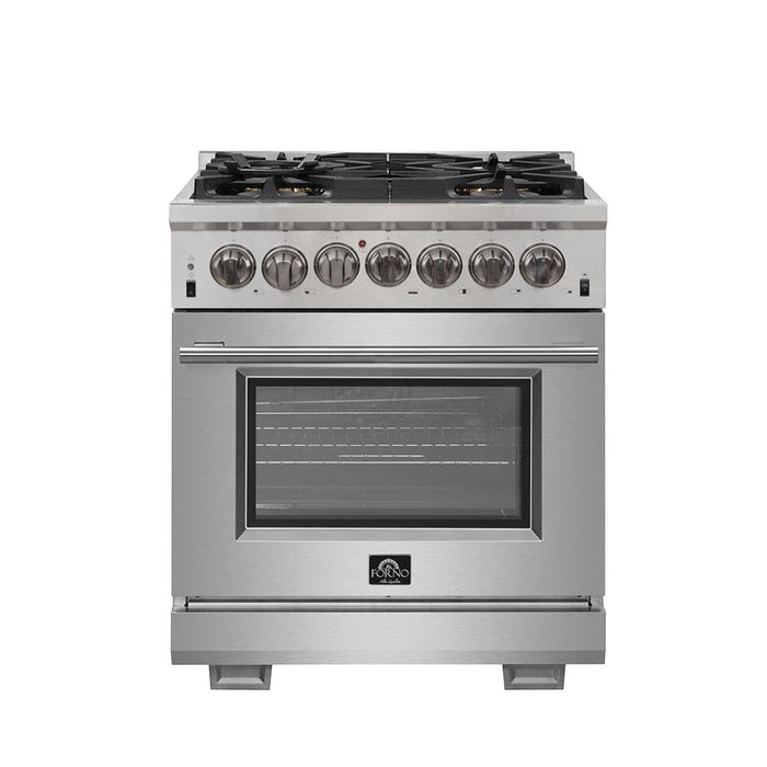 Forno 3-Piece Pro Appliance Package - 30-Inch Dual Fuel Range, Pro-Style Refrigerator, and Dishwasher in Stainless Steel