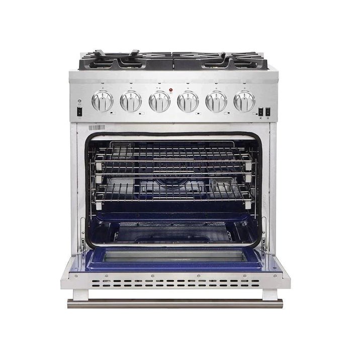 Forno 4-Piece Pro Appliance Package - 30-Inch Gas Range, 56-Inch Pro-Style Refrigerator, Wall Mount Hood with Backsplash, and Dishwasher in Stainless Steel
