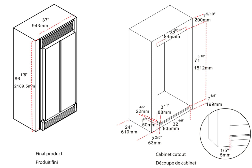 FORNO Salerno 33" Side by Side Built-in Refrigerator 15.6 cu.ft in Stainless Steel with Built-in Style Grille Trim Kit - FFRBI1805-37SG