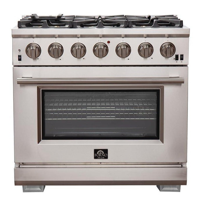 Forno 3-Piece Pro Appliance Package - 36-Inch Gas Range, Refrigerator with Water Dispenser,& Wall Mount Hood with Backsplash in Stainless Steel