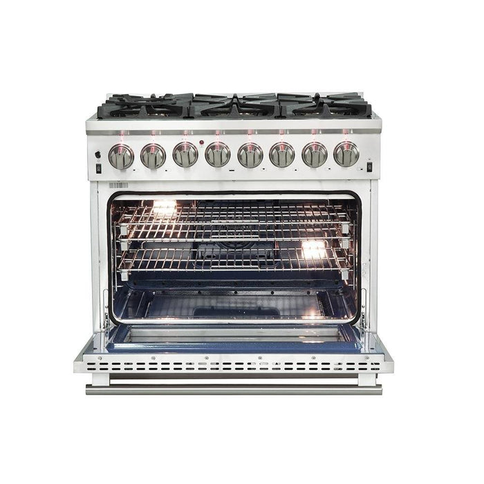 Forno 4-Piece Pro Appliance Package - 36-Inch Dual Fuel Range, French Door Refrigerator, Wall Mount Hood with Backsplash, and Dishwasher in Stainless Steel