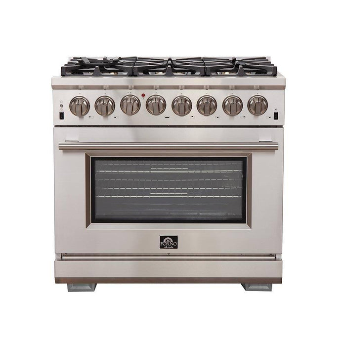 Forno 4-Piece Pro Appliance Package - 36-Inch Dual Fuel Range, French Door Refrigerator, Wall Mount Hood with Backsplash, and Dishwasher in Stainless Steel