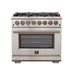 Forno 4-Piece Pro Appliance Package - 36-Inch Dual Fuel Range, French Door Refrigerator, Wall Mount Hood with Backsplash, and Dishwasher in Stainless Steel