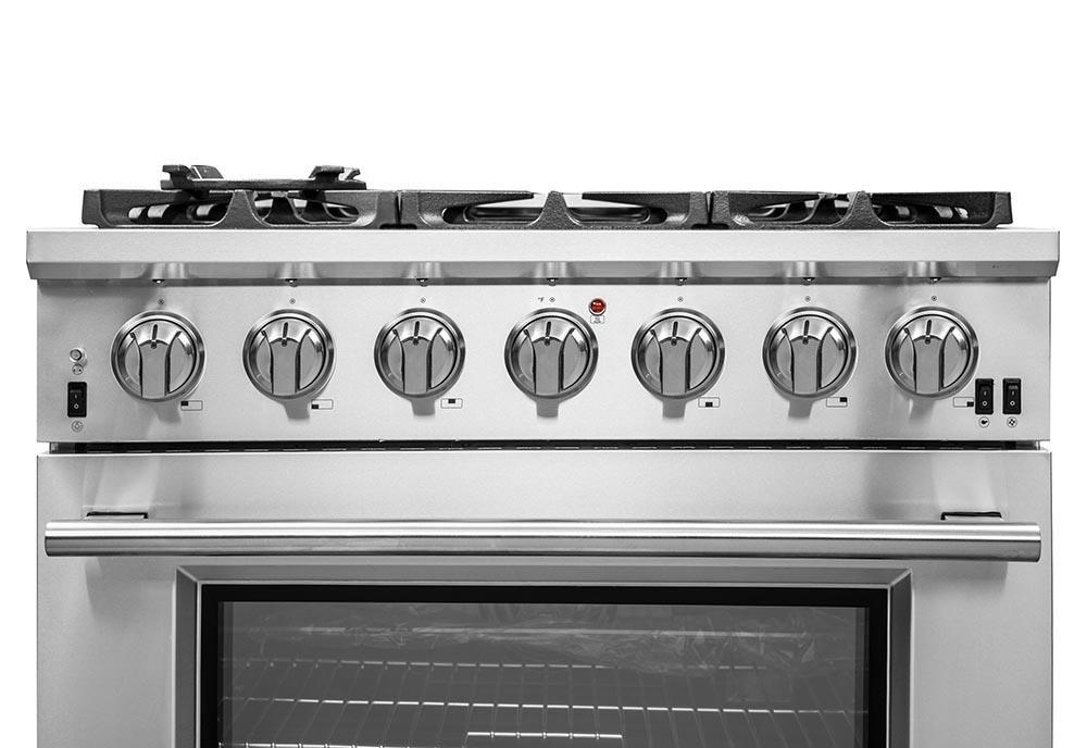 Forno 4-Piece Pro Appliance Package - 36-Inch Gas Range, Refrigerator with Water Dispenser, Microwave Oven, & 3-Rack Dishwasher in Stainless Steel