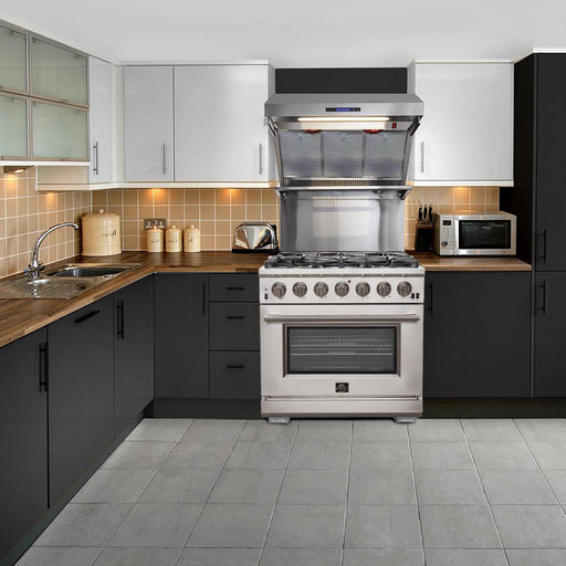 Forno 4-Piece Pro Appliance Package - 36-Inch Gas Range, Wall Mount Hood with Backsplash, 56-Inch Pro-Style Refrigerator, and Dishwasher in Stainless Steel