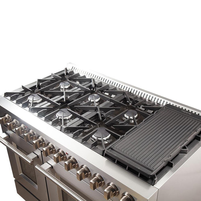 FORNO Maniago 48" Gold Freestanding Dual Fuel Range Gas Cooktop with 240v Electric Oven - 8 Burners, Griddle, and Double Oven -FFSGS6156-48