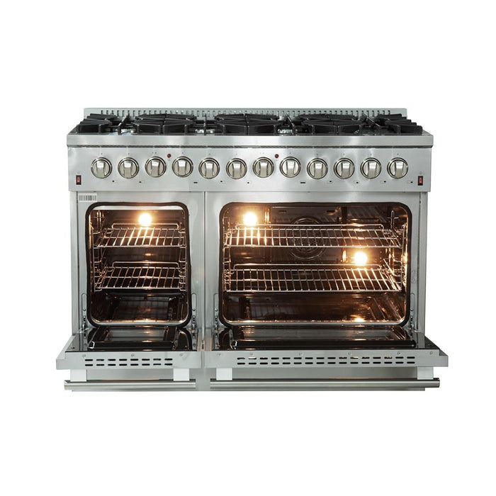 FORNO Maniago 48" Gold Freestanding Dual Fuel Range Gas Cooktop with 240v Electric Oven - 8 Burners, Griddle, and Double Oven -FFSGS6156-48