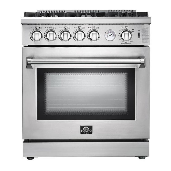 Forno 5-Piece Appliance Package - 30-Inch Gas Range, 56-Inch Pro-Style Refrigerator, Wall Mount Hood, Microwave Drawer, & 3-Rack Dishwasher in Stainless Steel