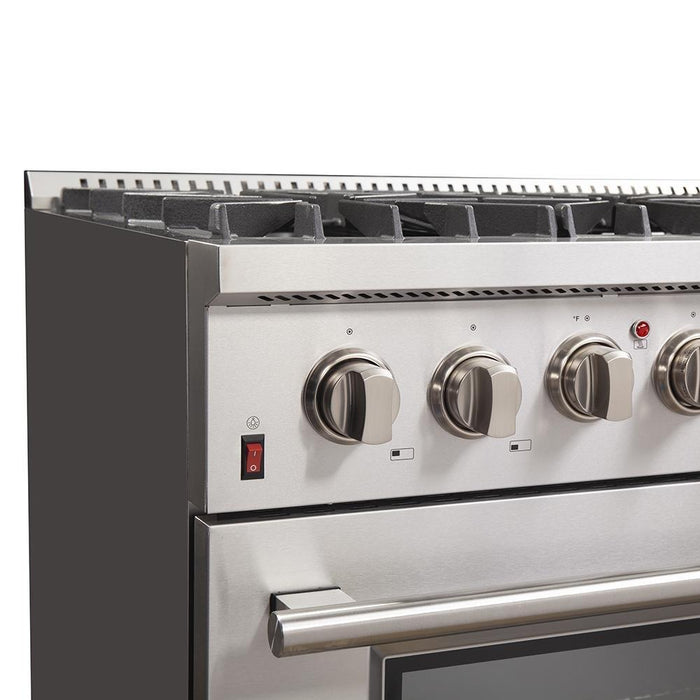 Forno 2-Piece Appliance Package - 36-Inch Dual Fuel Range & Wall Mount Hood with Backsplash in Stainless Steel