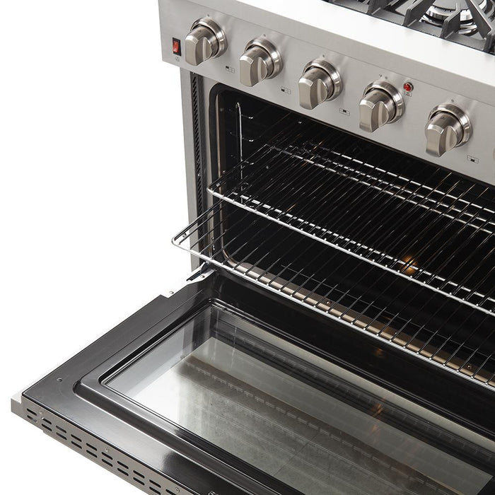 Forno 5-Piece Appliance Package - 36-Inch Gas Range, Refrigerator, Wall Mount Hood, Microwave Oven, & 3-Rack Dishwasher in Stainless Steel