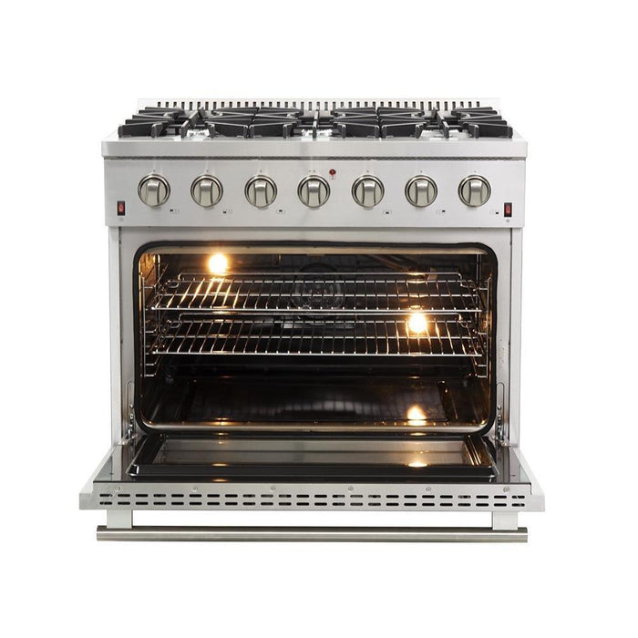 Forno 5-Piece Appliance Package - 36-Inch Gas Range, Refrigerator, Wall Mount Hood, Microwave Oven, & 3-Rack Dishwasher in Stainless Steel