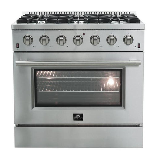 Forno 3-Piece Appliance Package - 36-Inch Gas Range, 56-Inch Pro-Style Refrigerator & Wall Mount Hood in Stainless Steel