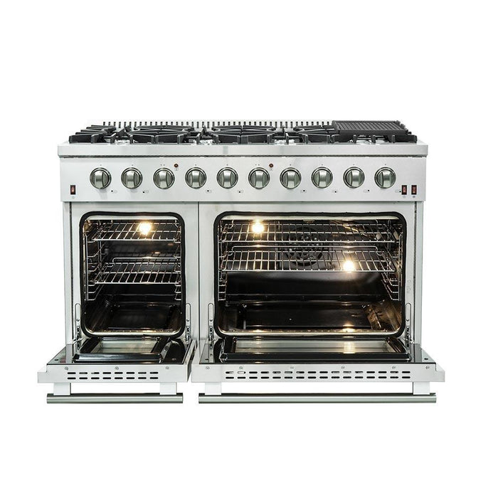 Forno 2-Piece Appliance Package - 48-Inch Gas Range & Wall Mount Hood with Backsplash in Stainless Steel