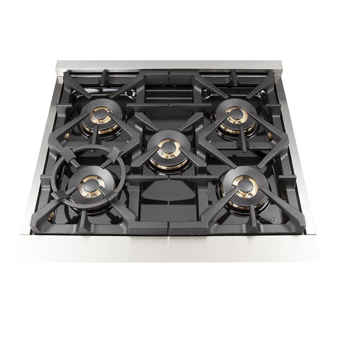 Forno 5-Piece Pro Appliance Package - 30-Inch Dual Fuel Range, Refrigerator with Water Dispenser, Wall Mount Hood, Microwave Drawer, & 3-Rack Dishwasher in Stainless Steel