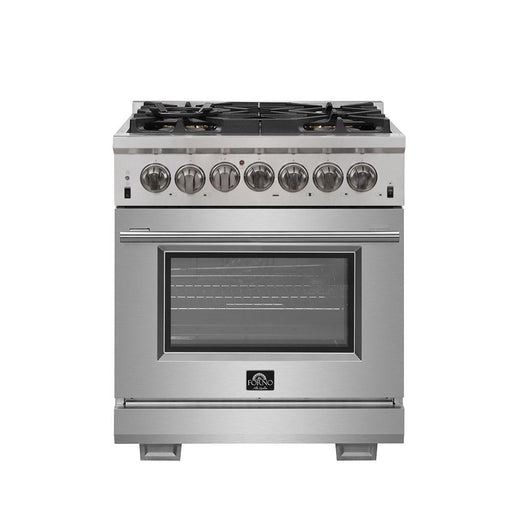 Forno 5-Piece Pro Appliance Package - 30-Inch Dual Fuel Range, 56-Inch Pro-Style Refrigerator, Wall Mount Hood, Microwave Oven, & 3-Rack Dishwasher in Stainless Steel