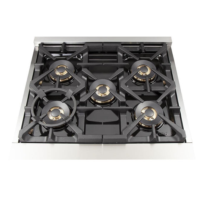 Forno 5-Piece Pro Appliance Package - 30-Inch Gas Range, 36-Inch Refrigerator Wall Mount Hood, Microwave Oven, & 3-Rack Dishwasher in Stainless Steel