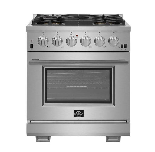 Forno 2-Piece Pro Appliance Package - 30-Inch Gas Range & Wall Mount Hood in Stainless Steel
