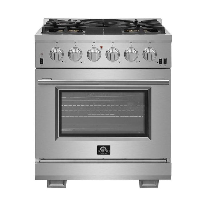 Forno 2-Piece Pro Appliance Package - 30-Inch Gas Range & Wall Mount Hood in Stainless Steel