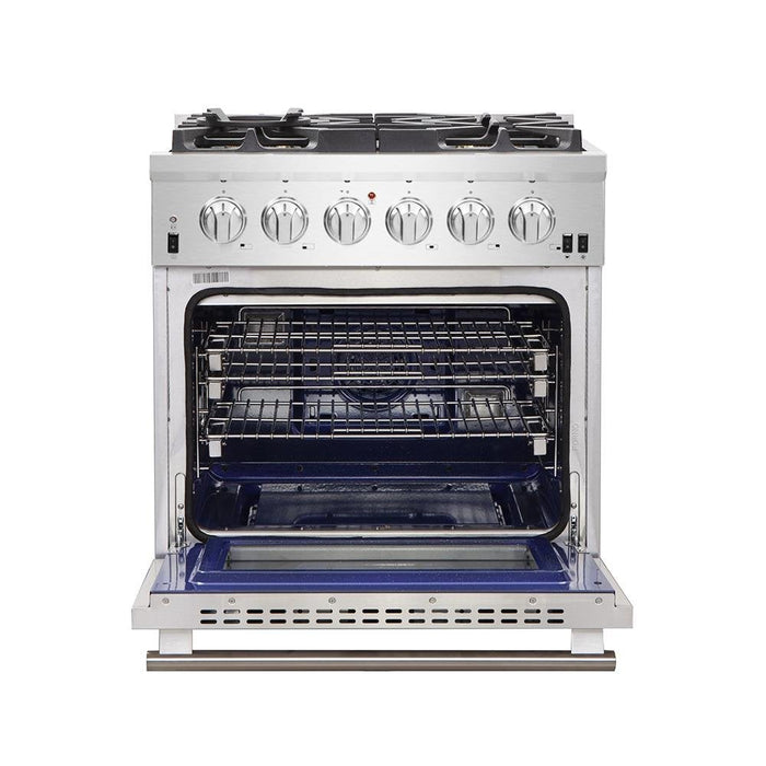 Forno 5-Piece Pro Appliance Package - 30-Inch Gas Range, 56-Inch Pro-Style Refrigerator, Wall Mount Hood, Microwave Drawer, & 3-Rack Dishwasher in Stainless Steel
