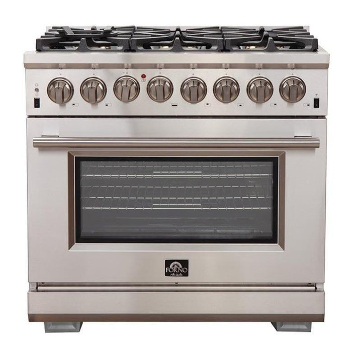 Forno 4-Piece Pro Appliance Package - 36-Inch Dual Fuel Range, Refrigerator, Wall Mount Hood, & 3-Rack Dishwasher in Stainless Steel