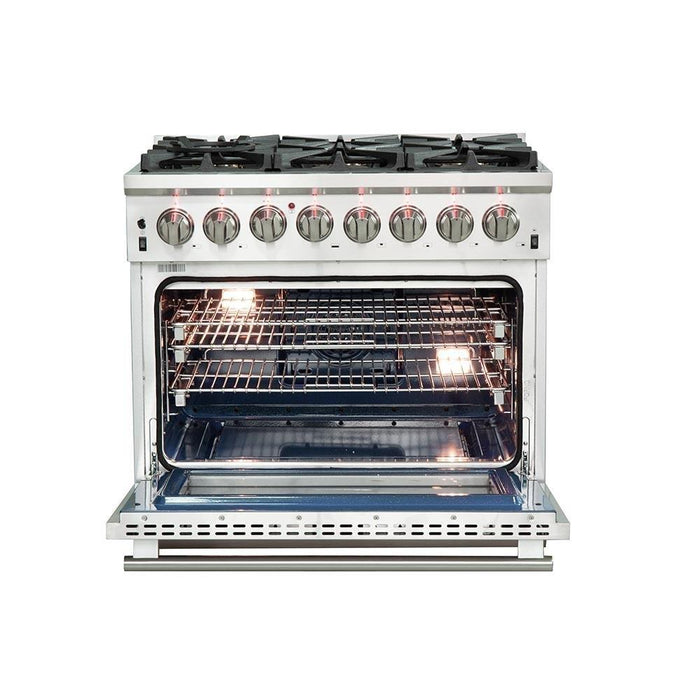 Forno 4-Piece Pro Appliance Package - 36-Inch Dual Fuel Range, Refrigerator, Wall Mount Hood, & 3-Rack Dishwasher in Stainless Steel