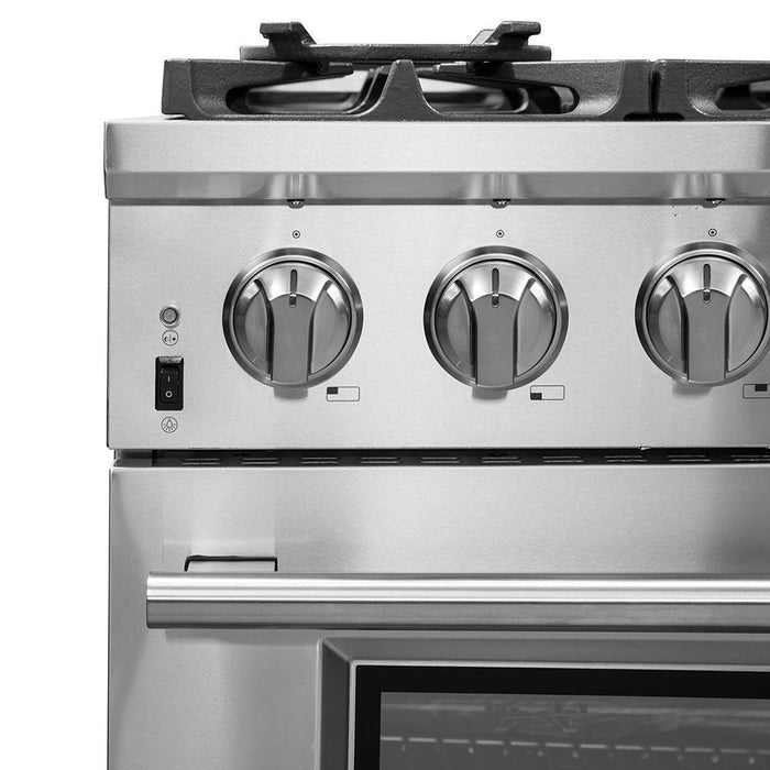 Forno 5-Piece Pro Appliance Package - 36-Inch Dual Fuel Range, Refrigerator, Wall Mount Hood with Backsplash, Microwave Oven, & 3-Rack Dishwasher in Stainless Steel