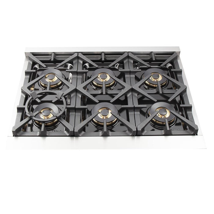Forno 5-Piece Pro Appliance Package - 36-Inch Gas Range, Refrigerator, Wall Mount Hood, Microwave Drawer, & 3-Rack Dishwasher in Stainless Steel