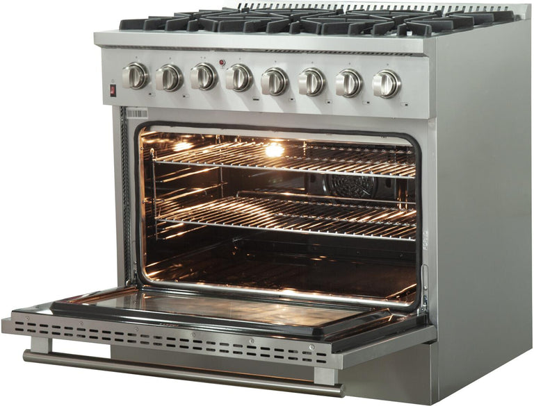 Forno Appliance Package - 36 Inch Dual Fuel Range, Range Hood, Refrigerator, Microwave Drawer, Dishwasher, Cooktop, FCTIN-FFSGS6156-36