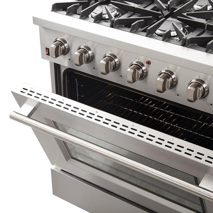 Forno Appliance Package - 36 Inch Gas Range, Wall Mount Range Hood, Microwave Drawer, Dishwasher, FWCDR-FRHWM5029-36