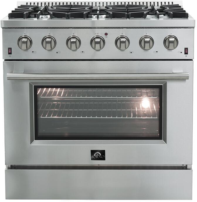 Forno Appliance Package - 36 Inch Gas Range, Wall Mount Range Hood, Refrigerator, Wine Cooler, Dishwasher, FWCDR-FFSGS6244-36