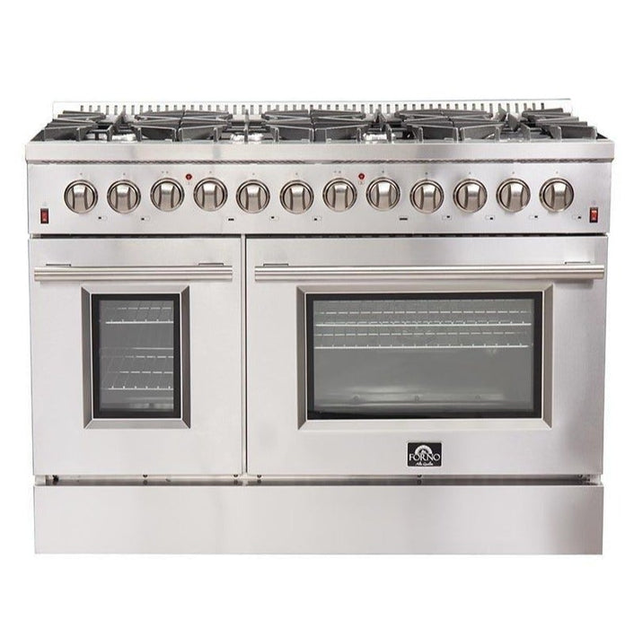 Forno Appliance Package - 48 Inch Dual Fuel Range, Wall Mount Range Hood, Refrigerator, Wine Cooler, Dishwasher, FWCDR-FFSGS6156-48