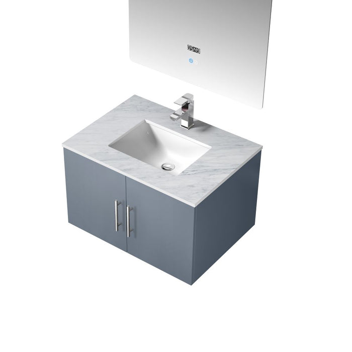 Lexora Geneva 30" Dark Grey Single Vanity, White Carrara Marble Top, White Square Sink and 30" LED Mirror LG192230DBDSLM30