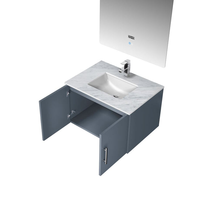 Lexora Geneva 30" Dark Grey Single Vanity, White Carrara Marble Top, White Square Sink and 30" LED Mirror LG192230DBDSLM30