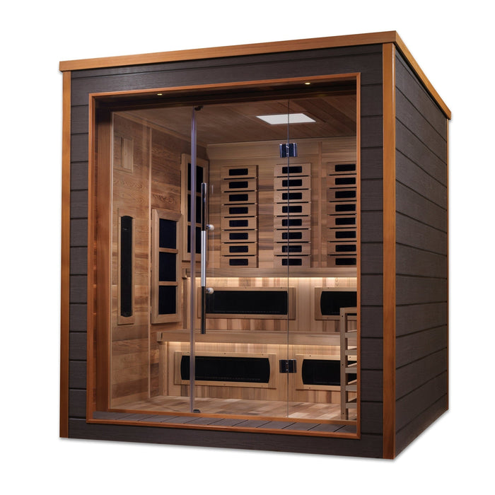 GOLDEN DESIGNS KARLSTAD 6 PERSON OUTDOOR-INDOOR PURETECH HYBRID FULL SPECTRUM SAUNA - CANADIAN RED CEDAR INTERIOR GDI-8226-01