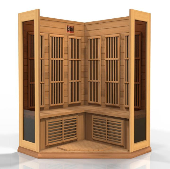 Golden Designs Maxxus "Chaumont Edition" 3 Person Corner Near Zero EMF FAR Infrared Sauna - Canadian Red Cedar - PrimeFair