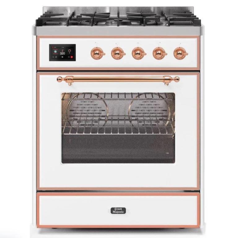 ILVE 30" Majestic II Series Gas Burner and Electric Oven Range with 5 Sealed Burners (UM30DNE3) - White with Copper Trim